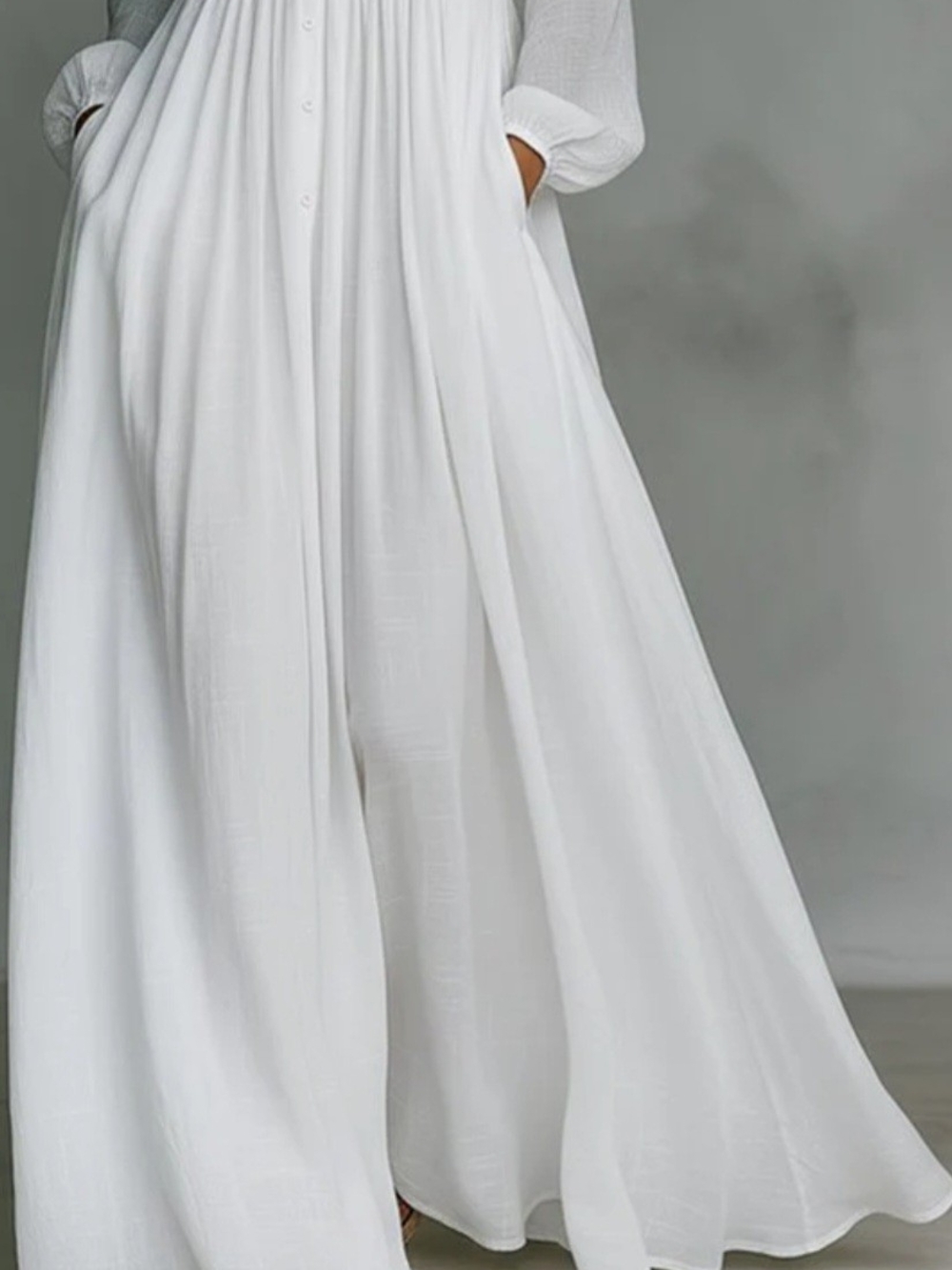 White Maxi Shirt Dress with Long Sleeves - Picture 3 of 5